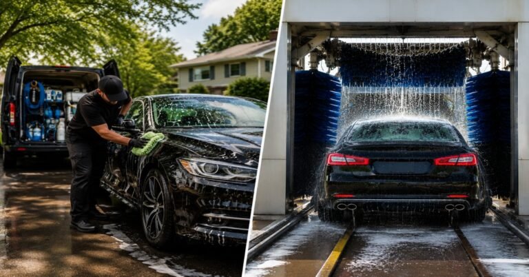 Professional hand wash comparison for mobile car wash vs drive through Buffalo service.
