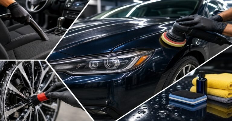 A technician performing car detailing in Buffalo NY by applying specialized paint protectant to a vehicle's clear coat to prevent road salt damage.