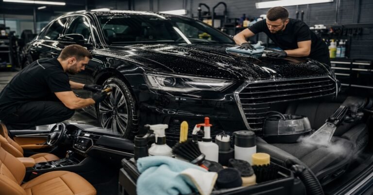 Full car detail Buffalo NY — WNY Car Wash technician using specialized tools to deep clean a vehicle interior and exterior