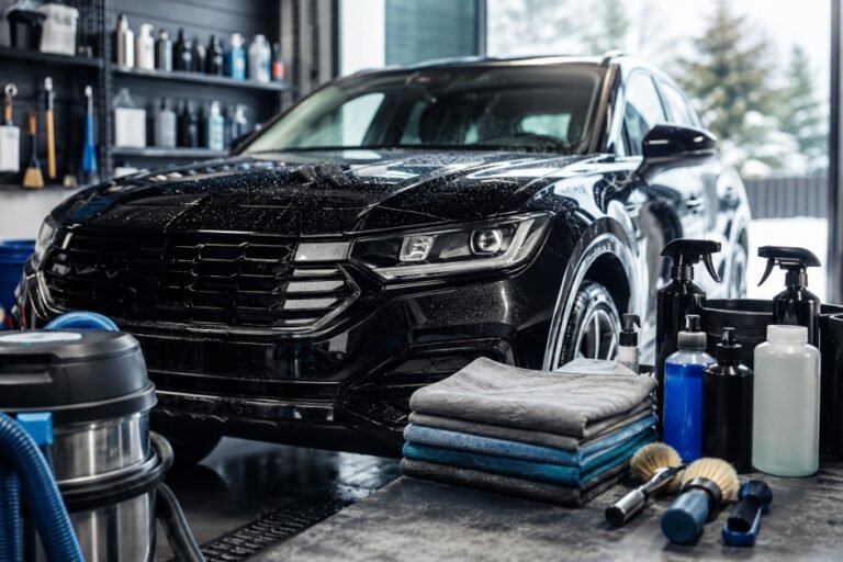 A black SUV inside a garage with snow outside, showing the professional tools needed for a complete car detailing checklist Buffalo drivers use.