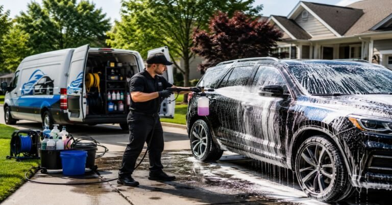 Professional detailing technician performing the best mobile car wash in Buffalo NY with eco-safe products.