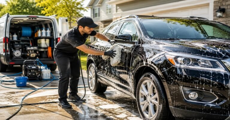 An expert technician detailing a clean vehicle in a Buffalo driveway, illustrating how does mobile car wash work.