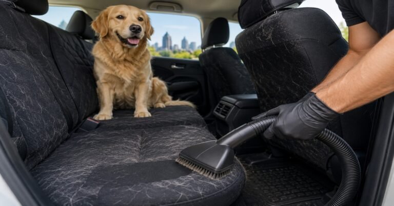 Technician working to remove pet hair car interior Buffalo vehicles trap during mobile detailing.