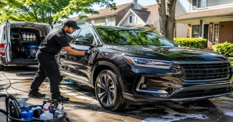 same day mobile car wash Buffalo NY technician washing vehicle at customer home