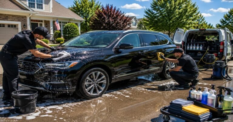 Professional exterior car wash and polishing in Buffalo NY executing paint correction on a vehicle.