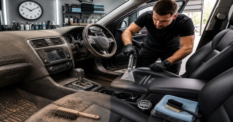 Professional detailers performing a car interior deep clean in Buffalo NY to show how long does car interior cleaning take.