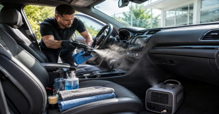 Professional technician working to remove smoke smell car interior surfaces using a heated extractor in Buffalo NY
