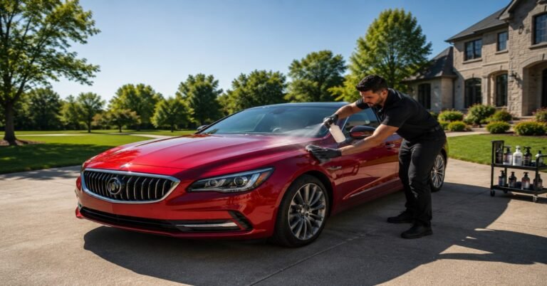 Professional detailer performing a waterless car wash Buffalo NY on a sedan using plush microfiber towels.