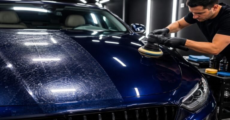 Before and after car paint correction Buffalo NY swirl removal comparison