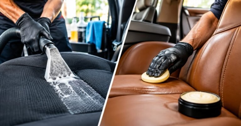 Professional car seat shampooing vs leather conditioning service cost comparison and upholstery detailing in Buffalo NY