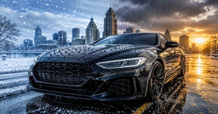 Professional ceramic coating application on vehicle paint showing how long does ceramic coating last in Buffalo weather.