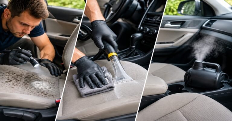 Auto detailing technician demonstrating how to get mold smell out of car interior using hot water steam extraction in Buffalo NY