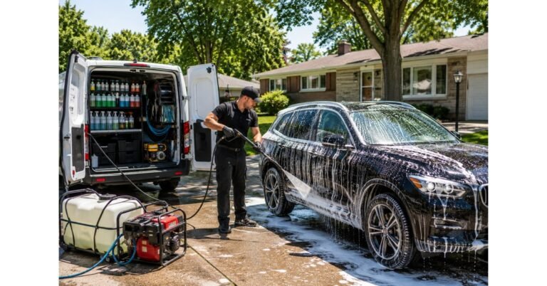 Professional mobile car wash Cheektowaga NY van detailing a vehicle on-site in a driveway