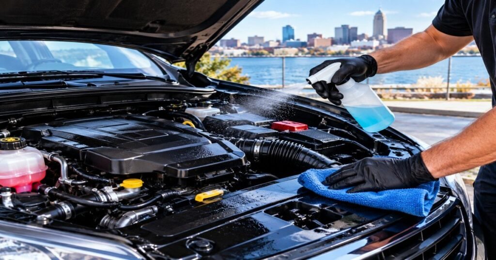 Professional technician performing safe engine bay cleaning Buffalo NY on vehicle motor