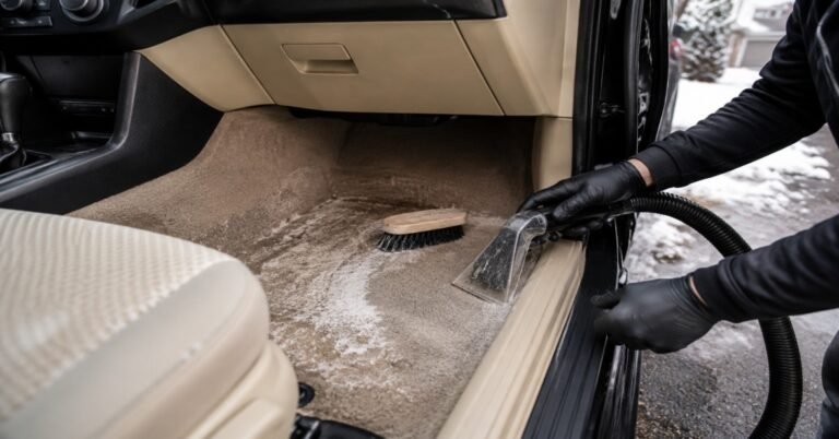 Technician using hot water extraction to remove salt stains car carpet fibers hold