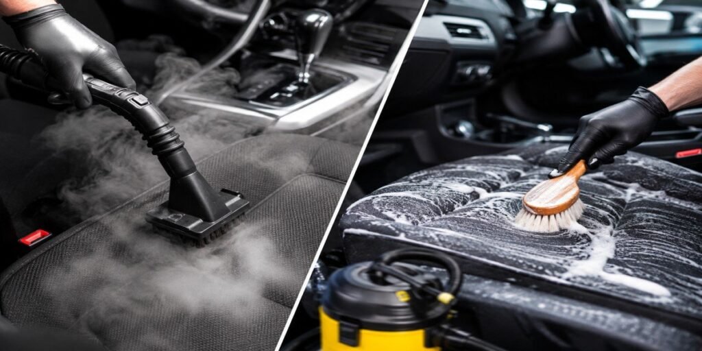 Detailer performing steam cleaning vs shampooing car interior on vehicle upholstery in Buffalo