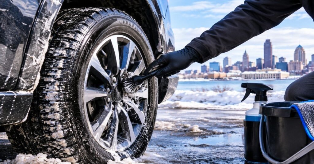 Certified technician performing precision wheel and tire cleaning Buffalo NY to remove winter road salt and brake dust