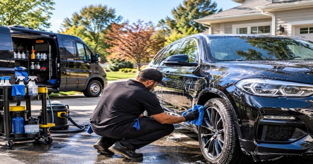 Professional mobile car detailing Williamsville NY technician hand-washing a luxury SUV in a residential driveway